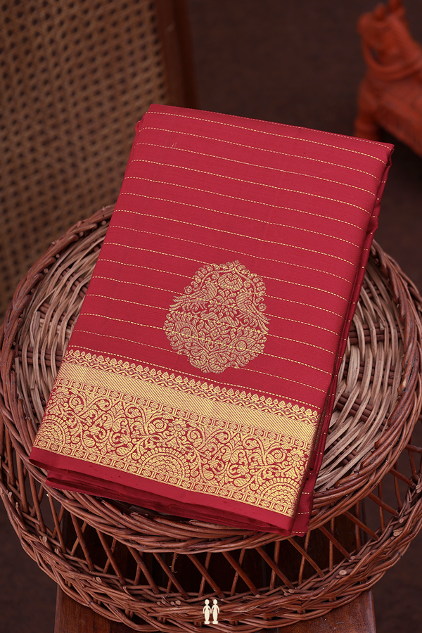 Kanchipuram Silk Saree In Scarlet Red Along Stripes With Motifs
