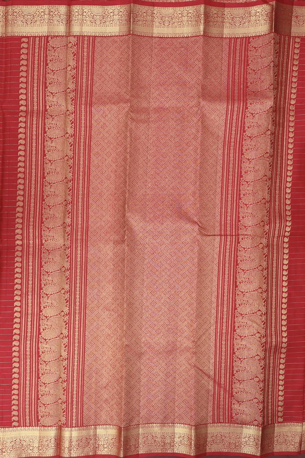 Kanchipuram Silk Saree In Scarlet Red Along Stripes With Motifs