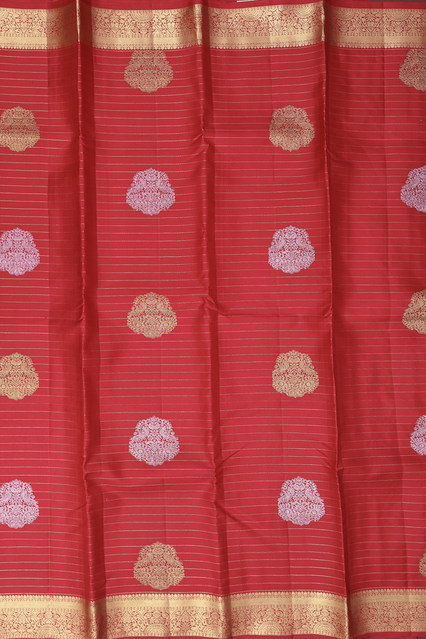 Kanchipuram Silk Saree In Scarlet Red Along Stripes With Motifs