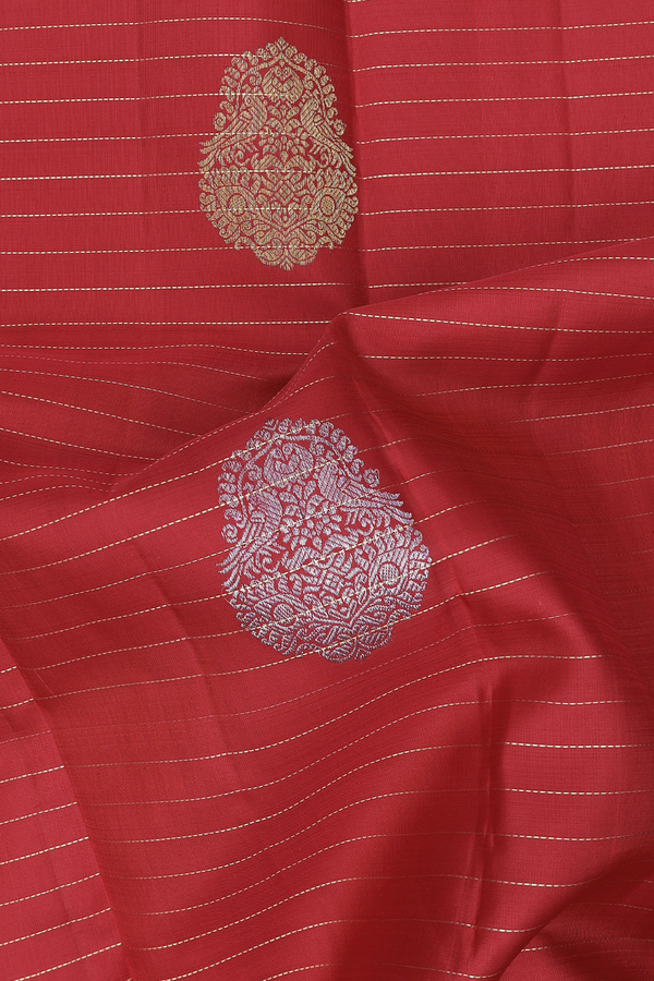 Kanchipuram Silk Saree In Scarlet Red Along Stripes With Motifs
