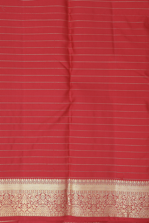 Kanchipuram Silk Saree In Scarlet Red Along Stripes With Motifs