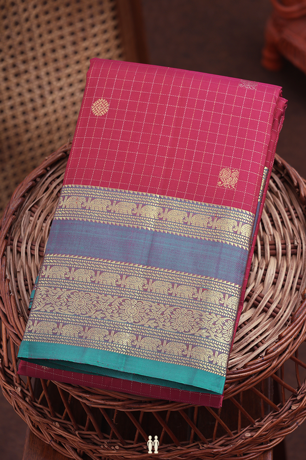 Kanchipuram Silk Saree In Red Along Checks With Buttas