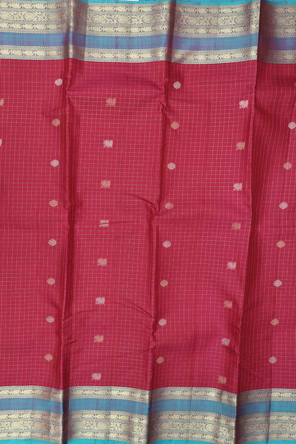 Kanchipuram Silk Saree In Red Along Checks With Buttas