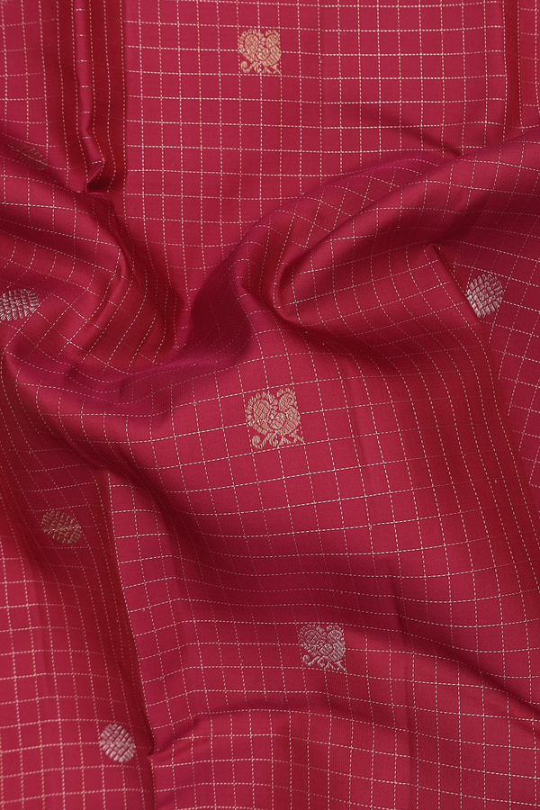 Kanchipuram Silk Saree In Red Along Checks With Buttas