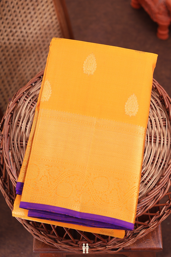 Kanchipuram Silk Saree In Honey Orange With Zari Buttas