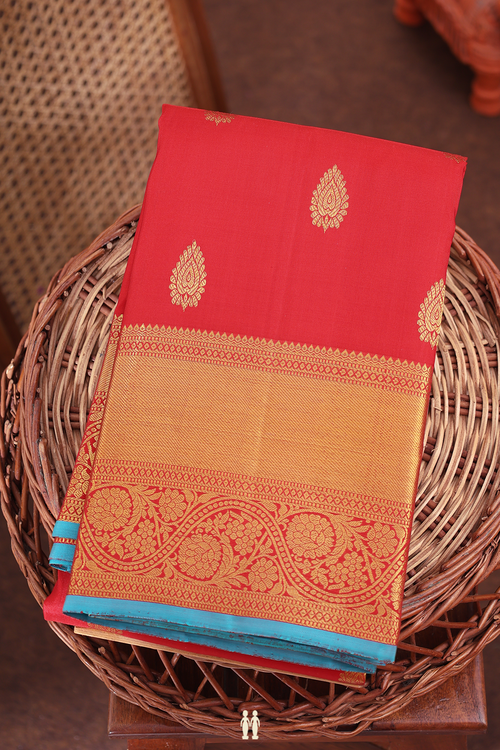Kanchipuram Silk Saree In Crimson Red With Zari Buttas