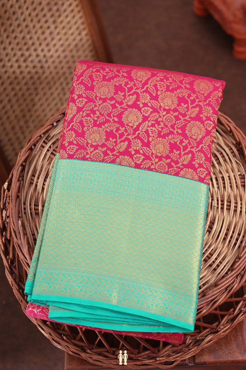 Kanchipuram Silk Saree In Hibiscus Red With Floral Design