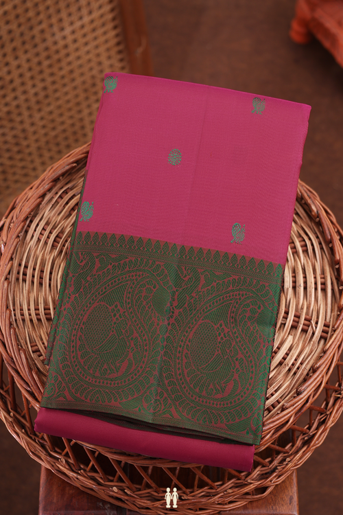 Kanchipuram Silk Saree In Rose Red With Peacock Buttas