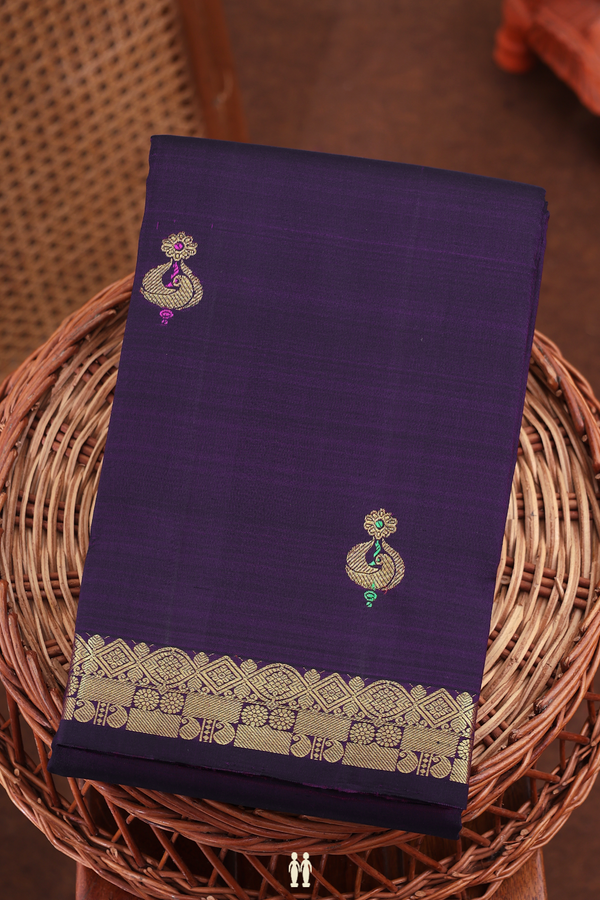 Kanchipuram Silk Saree In Deep Purple With Zari Buttas