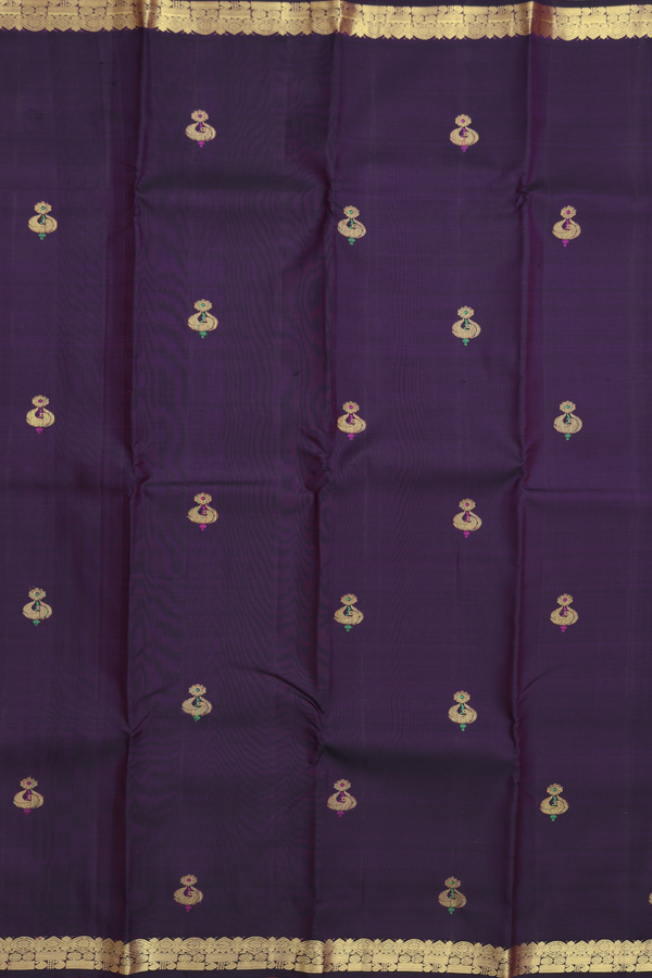 Kanchipuram Silk Saree In Deep Purple With Zari Buttas