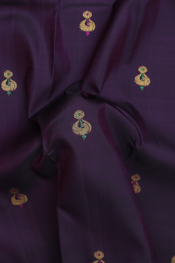 Kanchipuram Silk Saree In Deep Purple With Zari Buttas