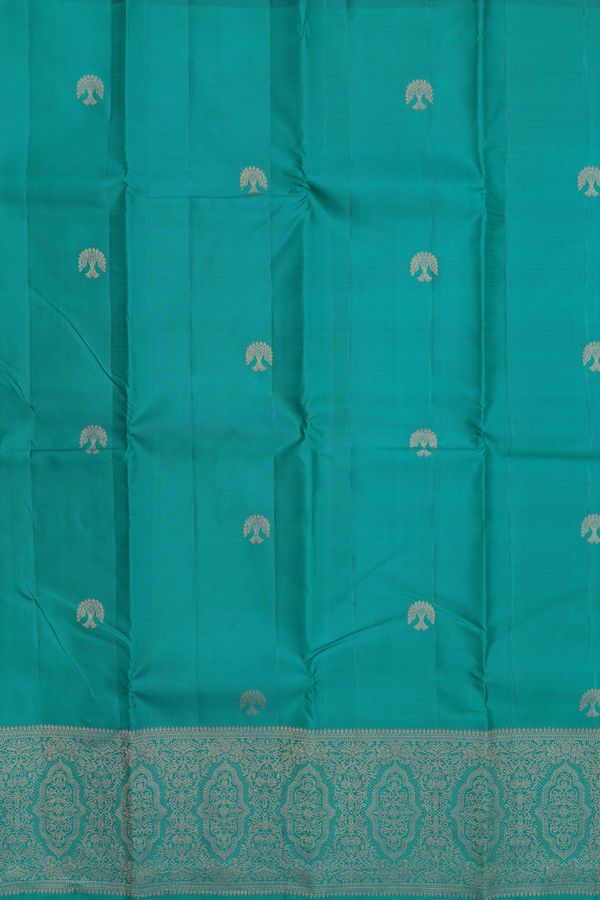 Kanchipuram Silk Saree In Peacock Green With Zari Buttas