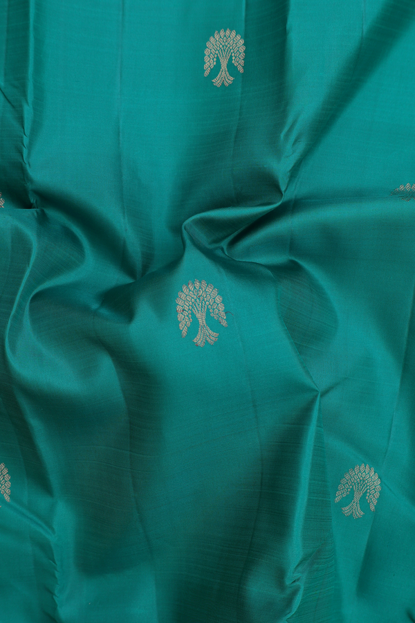 Kanchipuram Silk Saree In Peacock Green With Zari Buttas