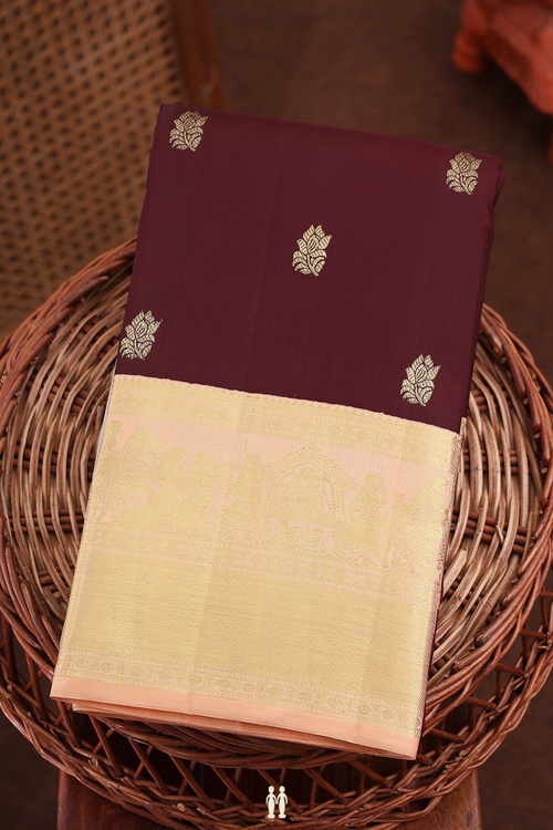 Kanchipuram Silk Saree In Chocolate Brown With Floral Buttas
