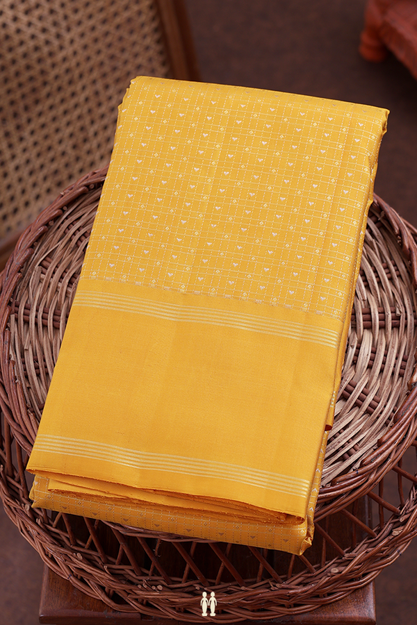 Kanchipuram Silk Saree In Saffron Yellow With Checks Design