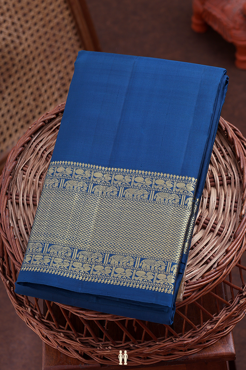 Kanchipuram Silk Saree In Prussian Blue With Zari Border