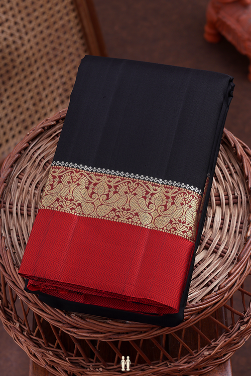 Kanchipuram Silk Saree In Black With Peacock Border
