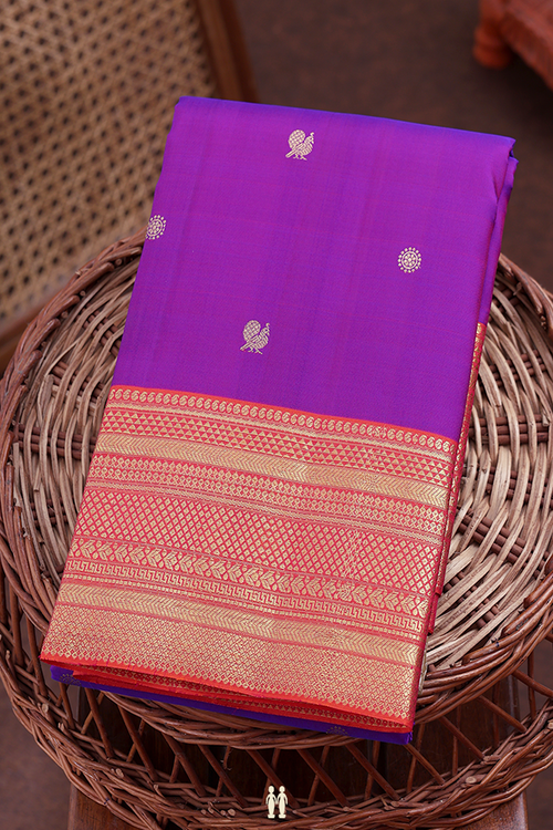 Kanchipuram Silk Saree In Purple With Peacock Buttas