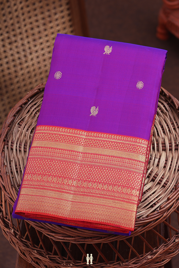Kanchipuram Silk Saree In Purple With Peacock Buttas