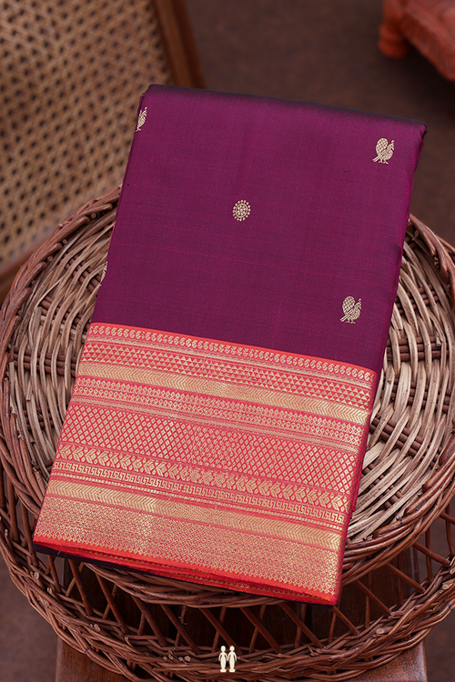 Kanchipuram Silk Saree In Plum Purple With Peacock Buttas