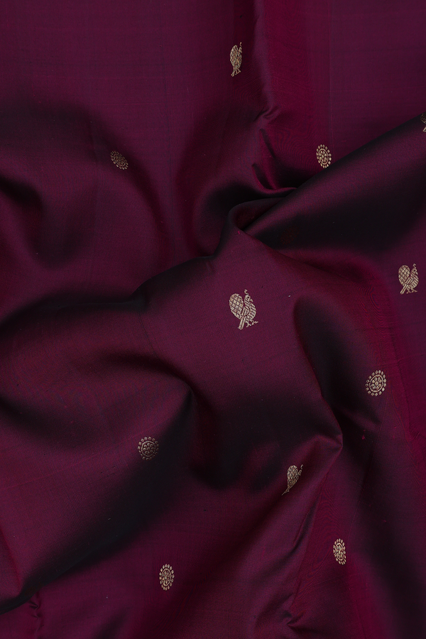 Kanchipuram Silk Saree In Plum Purple With Peacock Buttas
