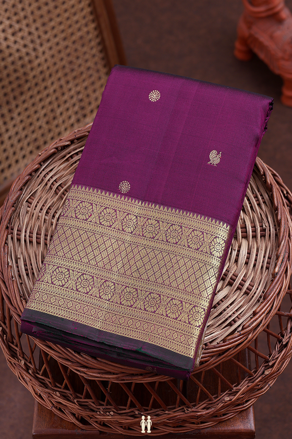 Kanchipuram Silk Saree In Plum Purple With Peacock Buttas