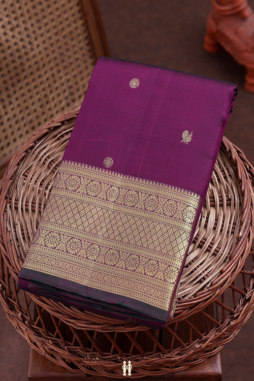Kanchipuram Silk Saree In Plum Purple With Peacock Buttas