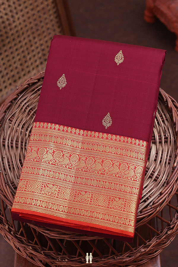 Kanchipuram Silk Saree In Maroon With Zari Buttas