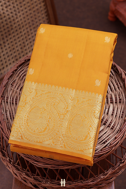 Kanchipuram Silk Saree In Marigold With Peacock Buttas