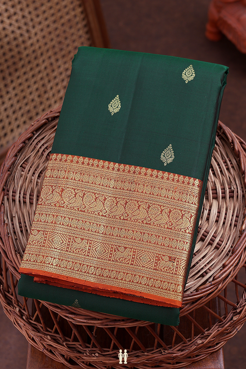 Kanchipuram Silk Saree In Forest Green With Zari Buttas