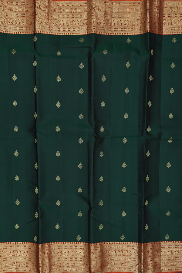 Kanchipuram Silk Saree In Forest Green With Zari Buttas