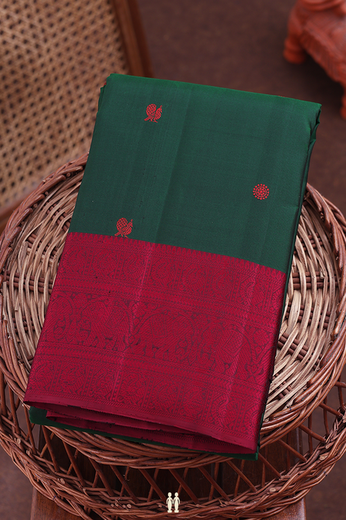 Kanchipuram Silk Saree In Forest Green With Peacock Buttas