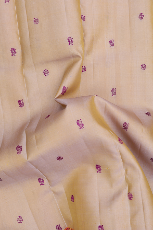 Kanchipuram Silk Saree In Light Brown With Peacock Buttas