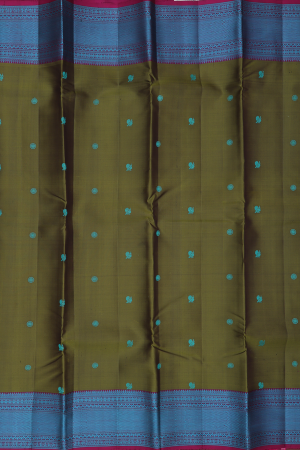 Kanchipuram Silk Saree In Olive Green With Peacock Buttas