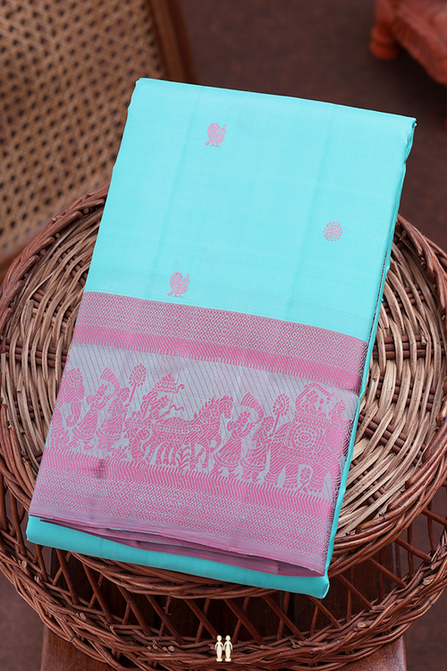 Kanchipuram Silk Saree In Tiffany Blue With Peacock Buttas