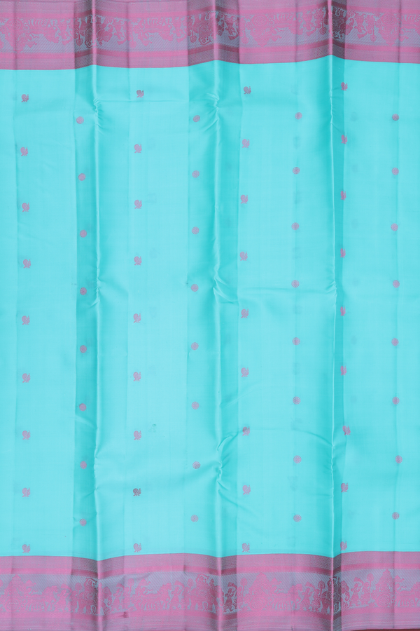 Kanchipuram Silk Saree In Tiffany Blue With Peacock Buttas