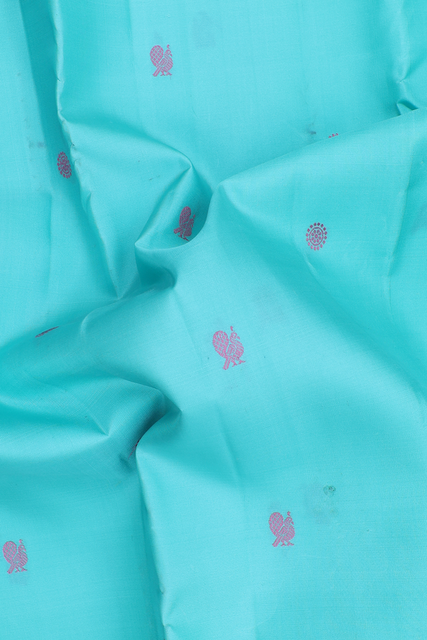 Kanchipuram Silk Saree In Tiffany Blue With Peacock Buttas