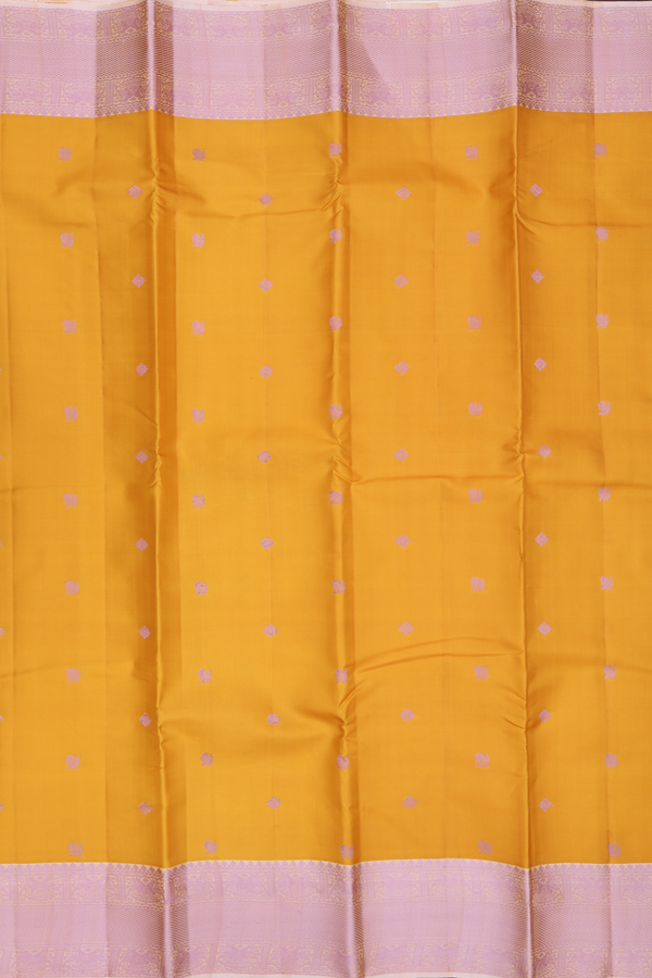 Kanchipuram Silk Saree In Saffron Yellow With Peacock Design