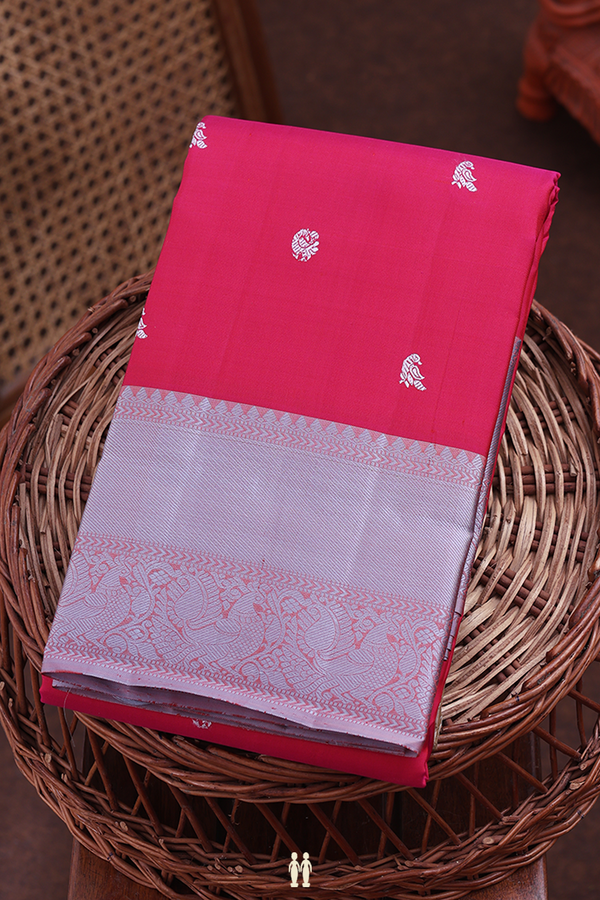 Kanchipuram Silk Saree In Dark Pink With Peacock Buttas