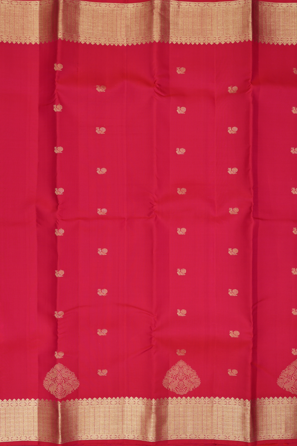 Kanchipuram Silk Saree In Reddish Pink With Peacock Buttas