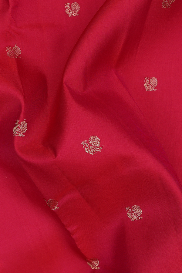 Kanchipuram Silk Saree In Reddish Pink With Peacock Buttas
