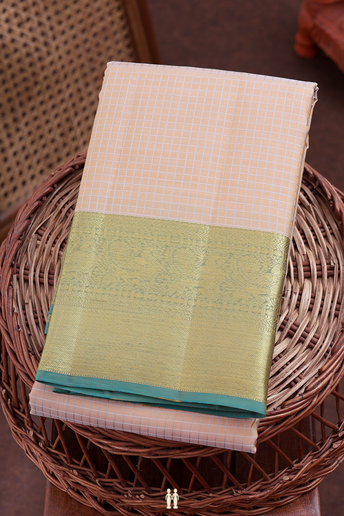 Kanchipuram Silk Saree In Cream Color With Checks Design