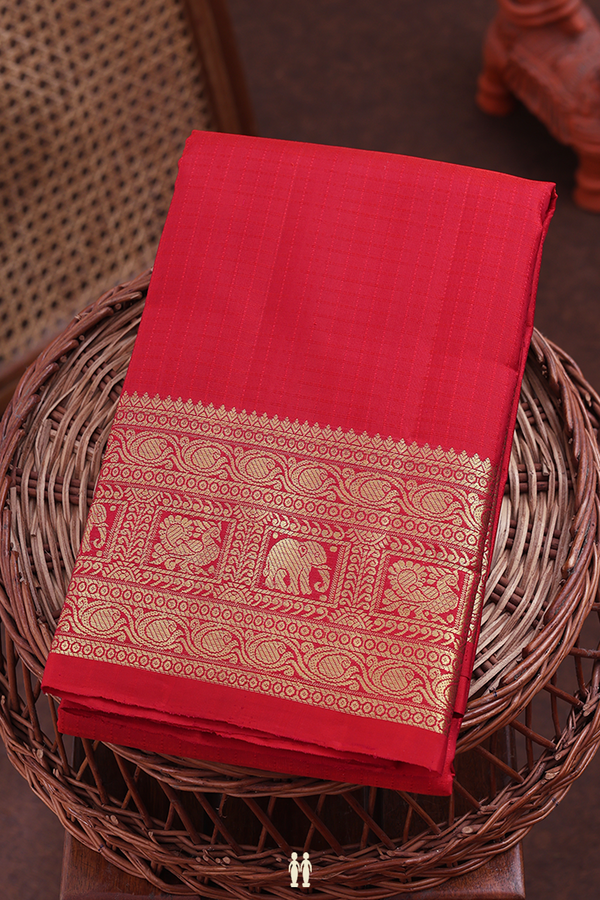 Kanchipuram Silk Saree In Scarlet Red With Checks Design