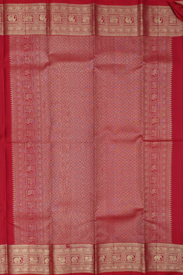 Kanchipuram Silk Saree In Scarlet Red With Checks Design