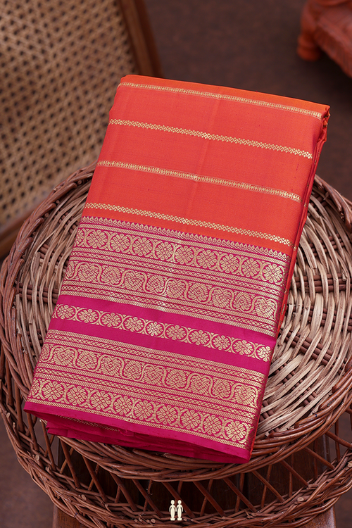 Kanchipuram Silk Saree Bright Orange With Stripes Design