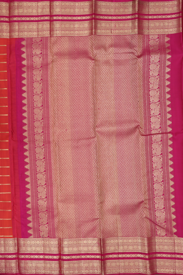 Kanchipuram Silk Saree Bright Orange With Stripes Design