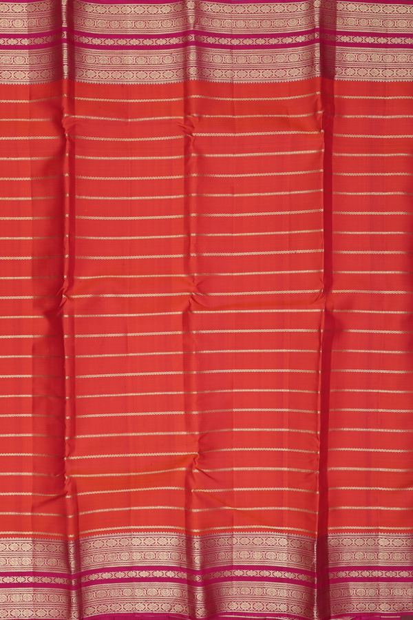 Kanchipuram Silk Saree Bright Orange With Stripes Design