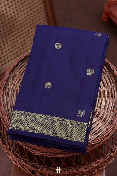 Kanchipuram Silk Saree In Navy Blue With Peacock Buttas