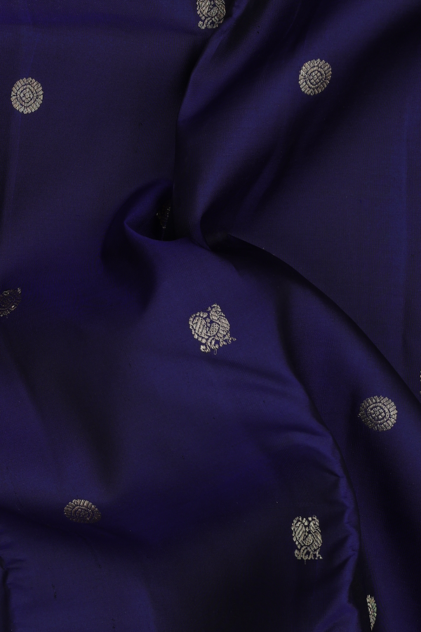 Kanchipuram Silk Saree In Navy Blue With Peacock Buttas