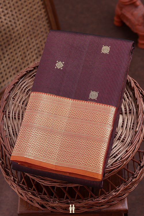 Kanchipuram Silk Saree In Brown Along Stripes With Buttas